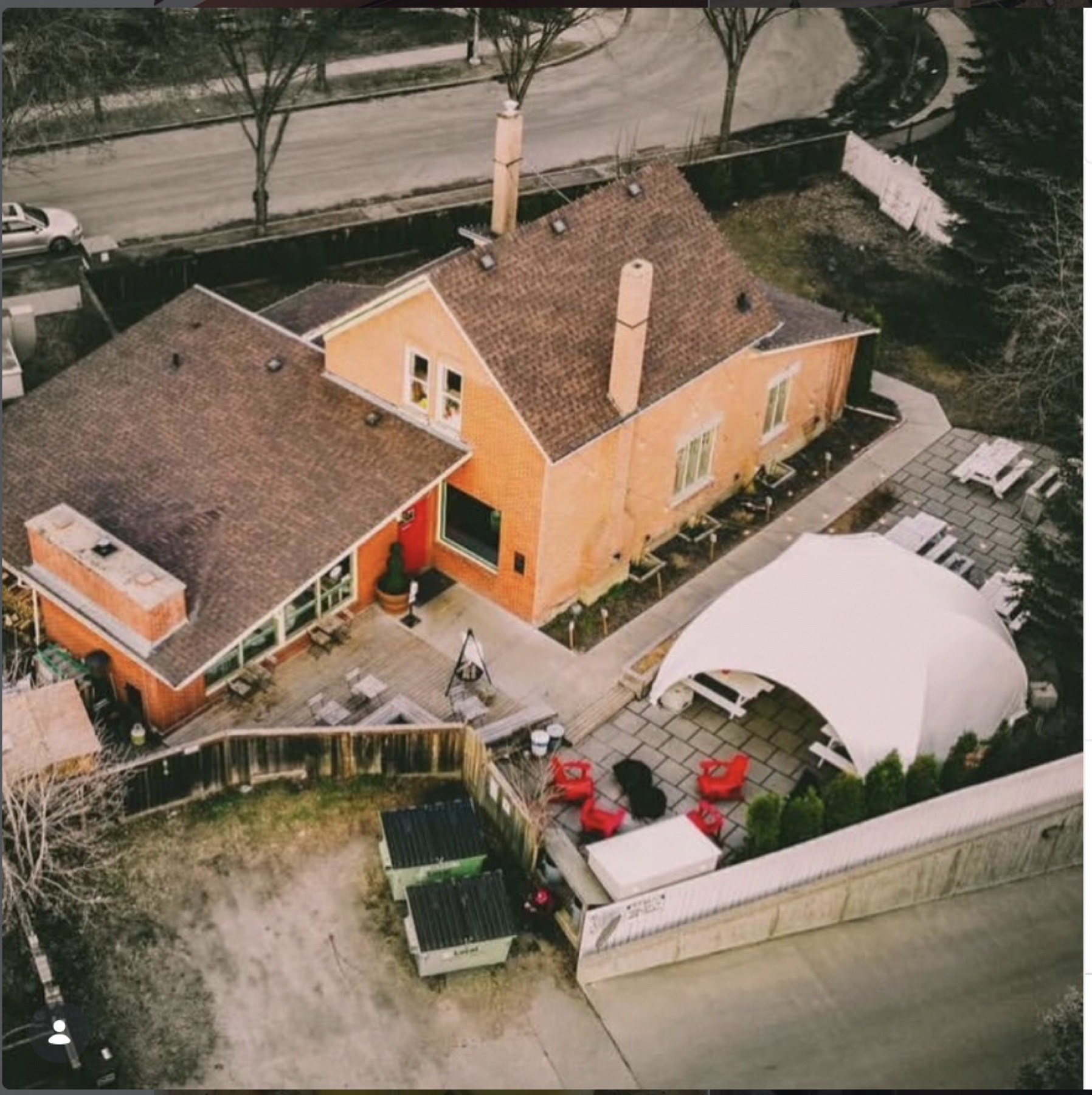 The Little Brick house and yard from above